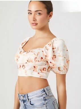 Y2K Floral Puff Sleeve Crop Top